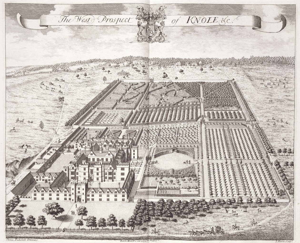 Západní vyhlídka Knole, z „Třicet šest různých pohledů na sídla šlechticů a gentlemanů, v hrabství Kent“, vyryl I. Kip, kolem roku 1750 od Thomas Badeslade