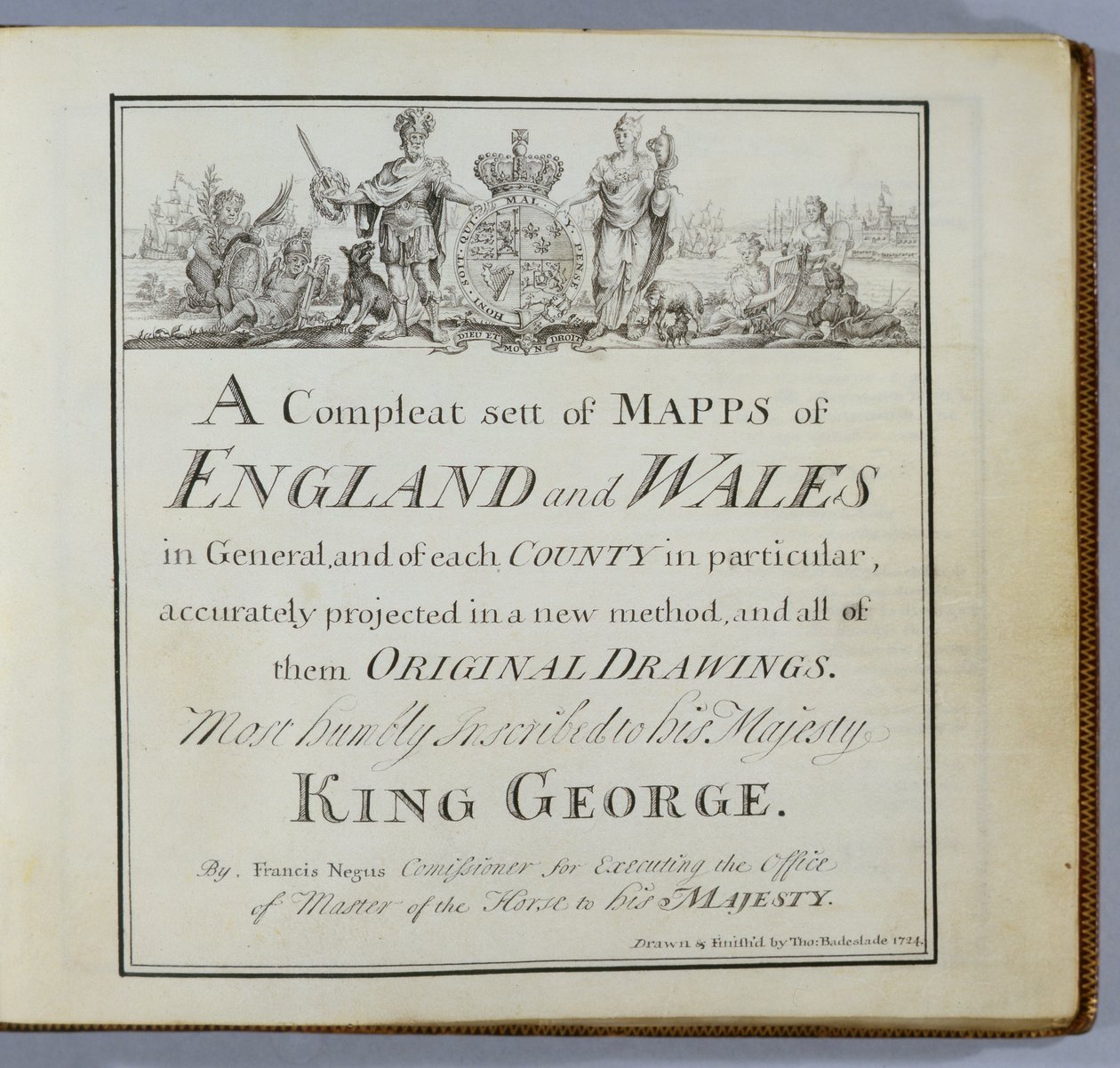 Titulní strana kompletní sady map Anglie a Walesu obecně..., 1724 (pero, inkoust a wc na papíře) od Thomas Badeslade