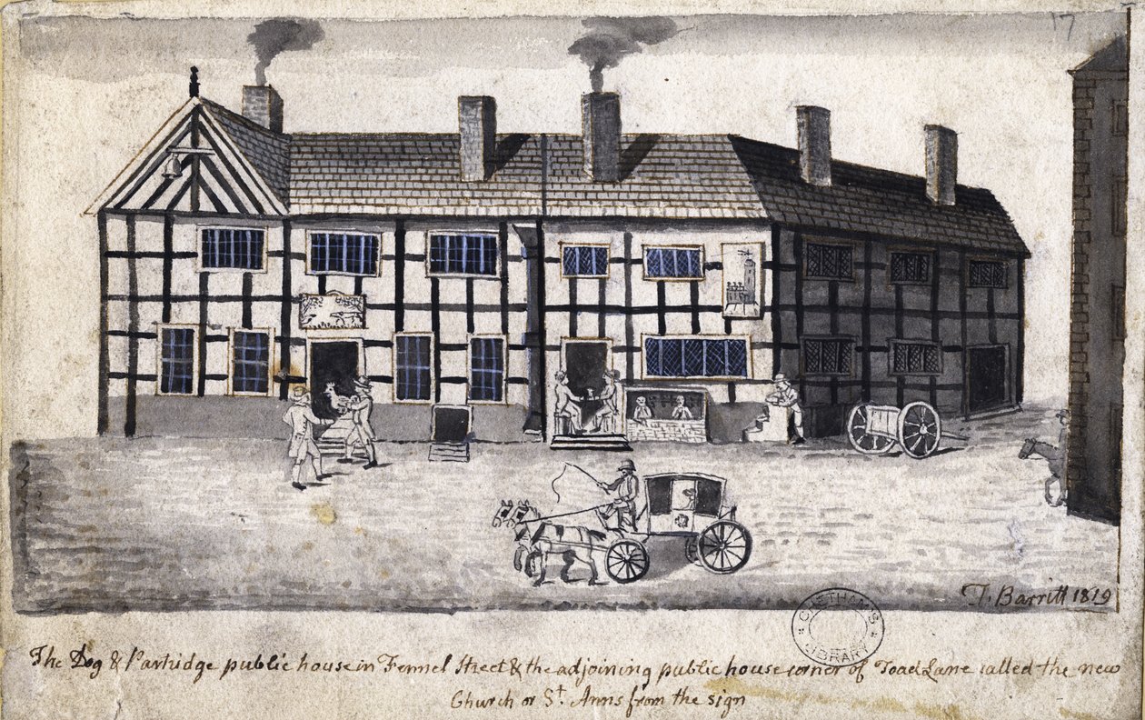 The Dog and Partridge, Manchester, 1819 (pero a inkoust a pero na papíře) od Thomas Barritt