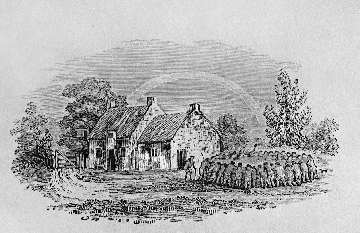 Kohoutí zápasy před hostincem, asi 1801, z knihy "Landbirds", vydané roku 1805 od Thomas Bewick