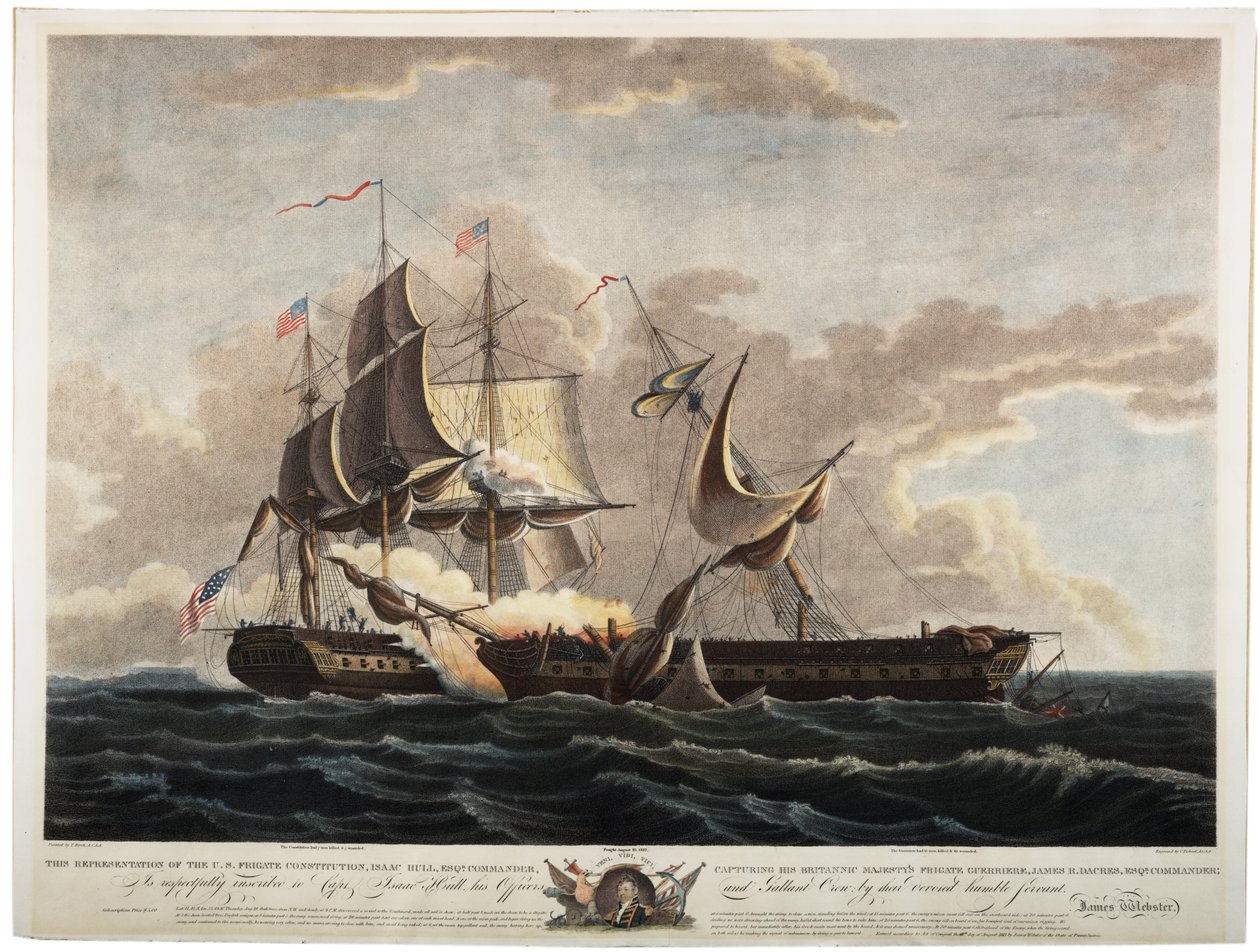 Ústava fregaty USA zachycující fregatu Guerriere, 1813 (ručně kolorovaná rytina) od Thomas Birch