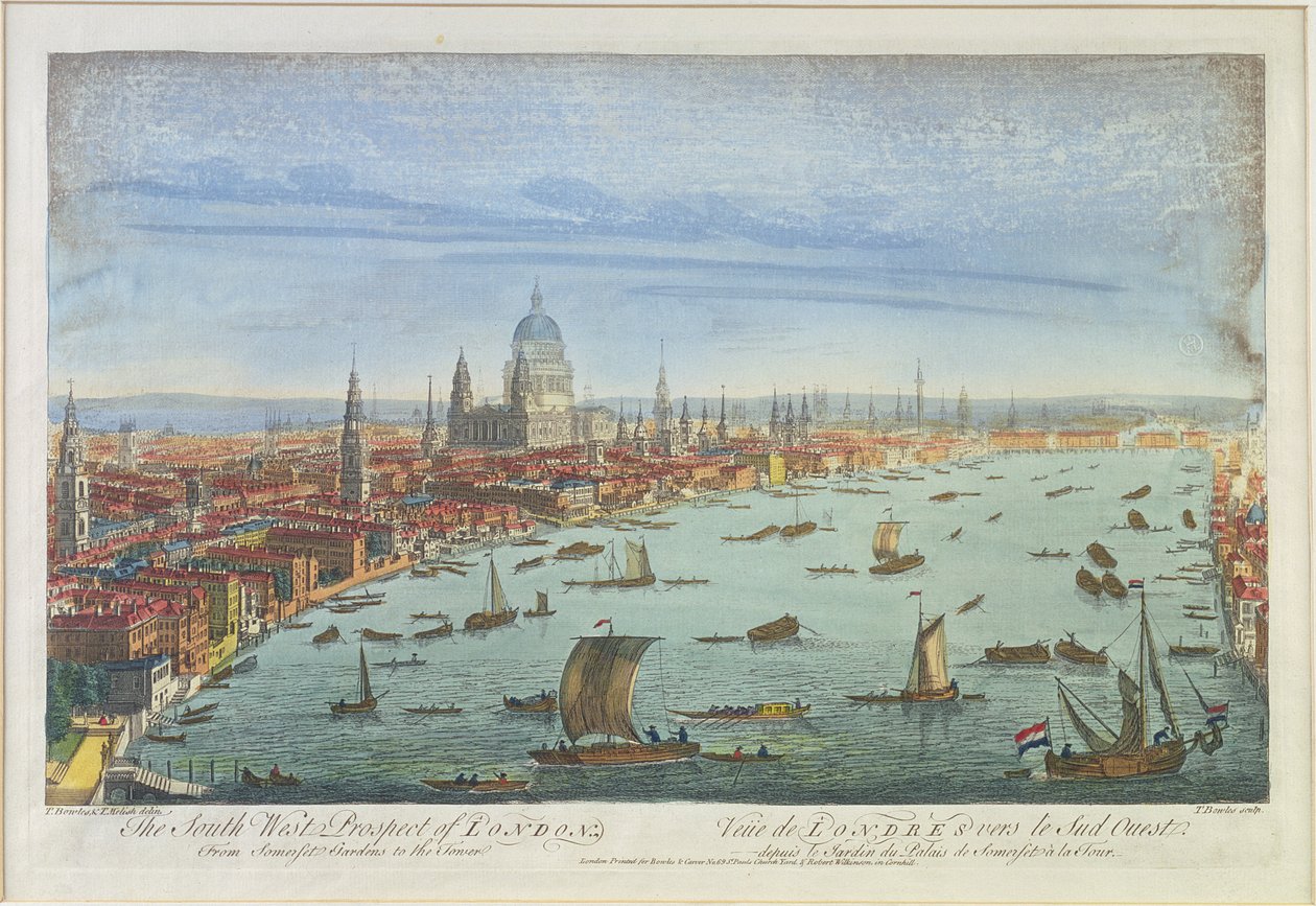 South West Prospect of London, od Somerset Gardens po Tower (barevná litografie) od Thomas Bowles
