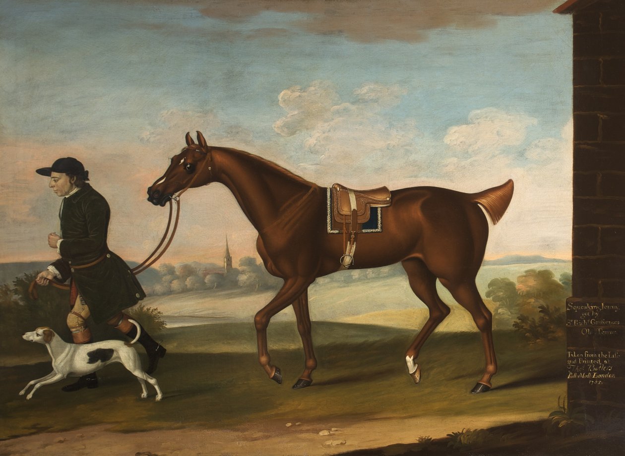 Squeaking Jenni Got od Sira Richarda Grosvenorse Old Terror with Sir P. B. Leicesters Groom and Hound, 1755 od Thomas, of Pall Mall Butler