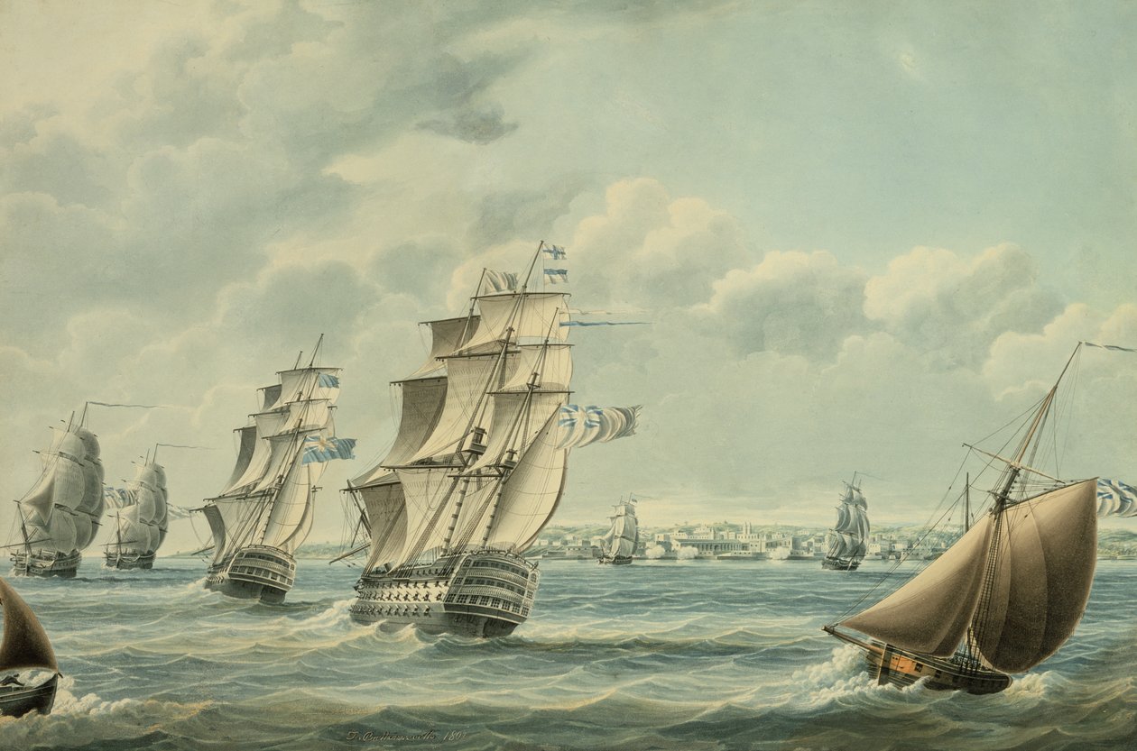 Britské lodě blokující Cádiz v roce 1797, 1797 (wc na papíře) od Thomas Buttersworth