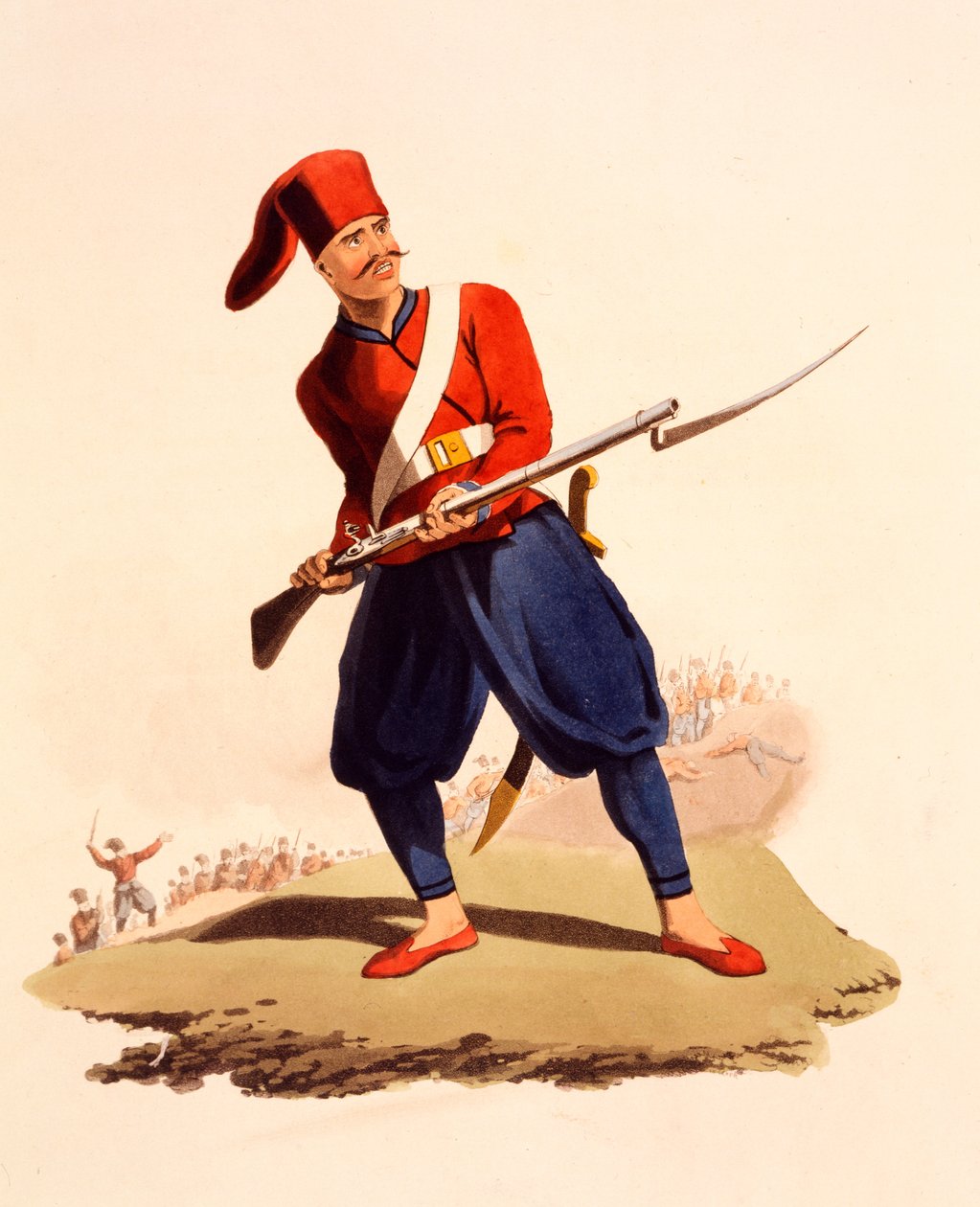 Důstojník evropské pěchoty osmanské armády, z „Vojenský kostým Turecka“, vydaný v roce 1818 (ručně kolorovaná akvatinta) od Thomas Charles Wageman