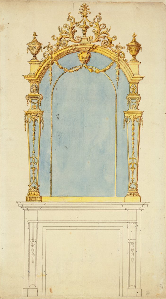 Design pro zrcadlo z pozlaceného dřeva, cca 1765-70 (pero a inkoust s wc na papíře) od Thomas Chippendale