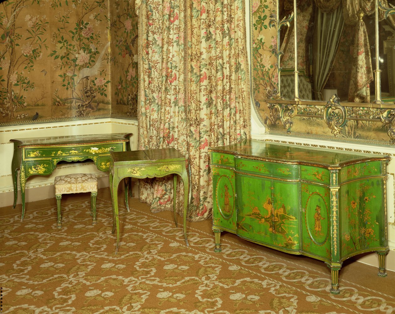 Zelený a zlatý lakový nábytek ve státní ložnici v Nostell Priory, Yorkshire od Thomas Chippendale