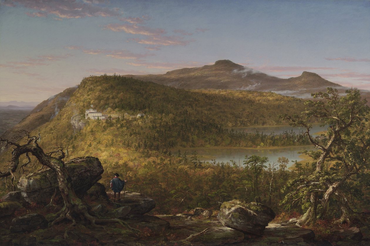 Pohled na dvě jezera a horský dům, Catskill Mountains, ráno (1844) od Thomas Cole