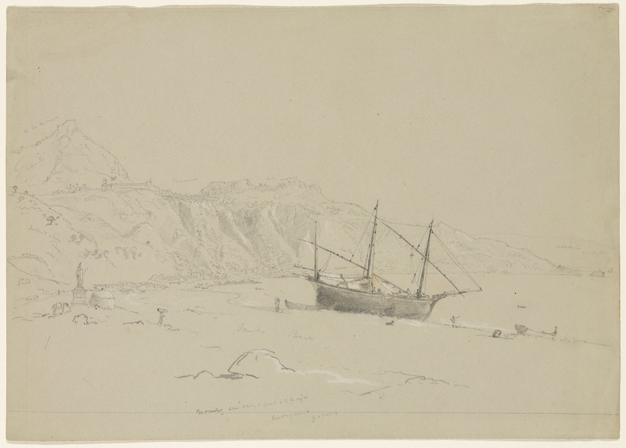 Loď na pláži poblíž Taorminy, Sicílie, 1842 (tužka zvýrazněná bílou křídou na papíře) od Thomas Cole