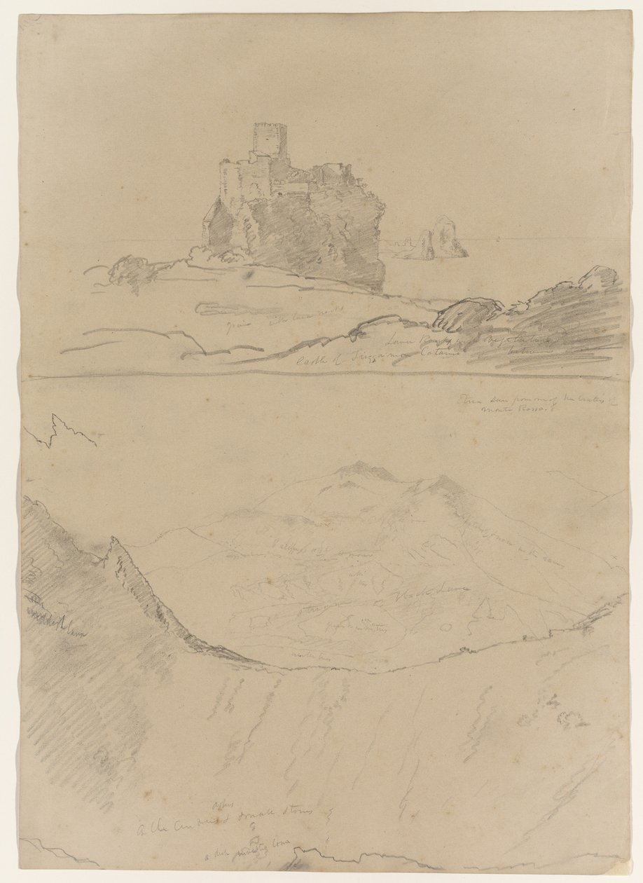 Hrad Trezza poblíž Catanie a Etny, jak je vidět z Monte Rosso a také z jednoho z kráterů Monte Rosso, Sicílie, 1842 od Thomas Cole