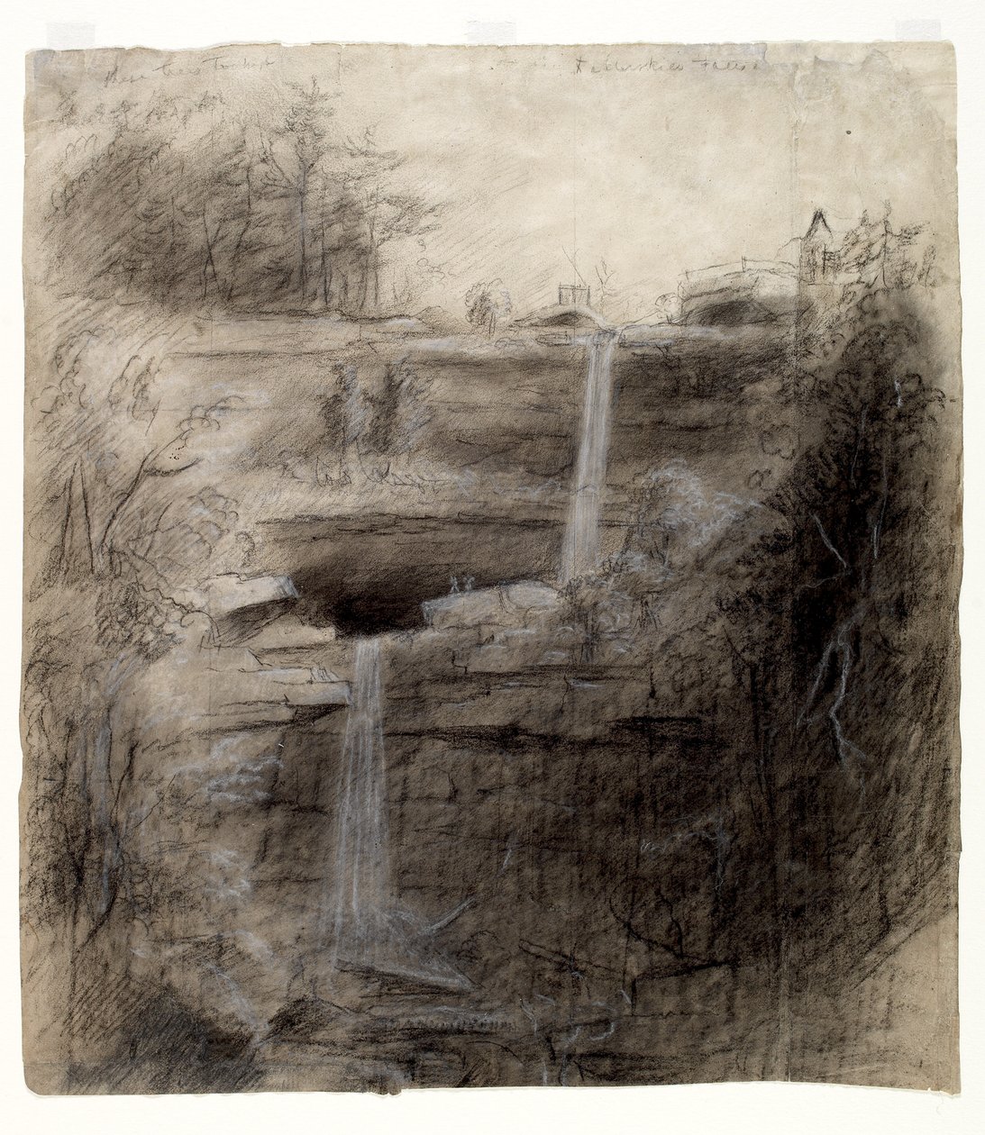 Dvojitý vodopád – Kaaterskill Falls, 1826 (uhl, černobílá pastelka a grafitová tužka na papíře) od Thomas Cole