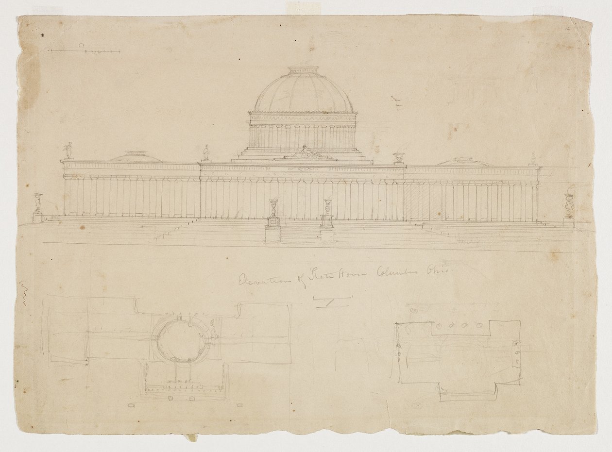 Elevation of the State House, Columbus, Ohio, c.1838 (grafitová tužka na béžovém tkaném papíře) od Thomas Cole
