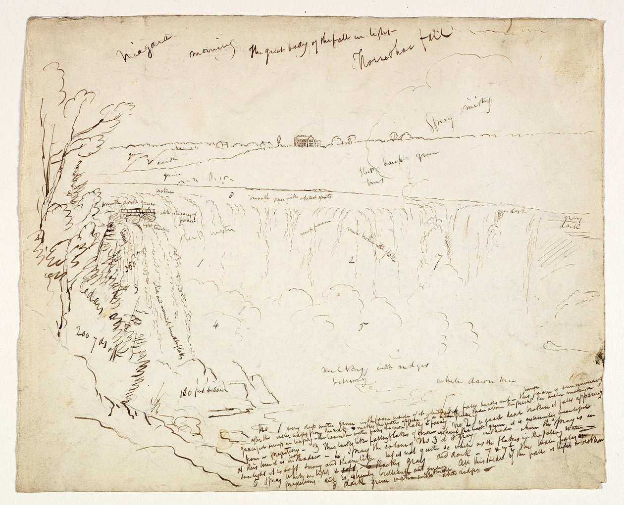Horseshoe Falls, Niagara, Morning, cca 1829 (pero a hnědý inkoust přes grafit na špinavě bílém tkaném papíře) od Thomas Cole