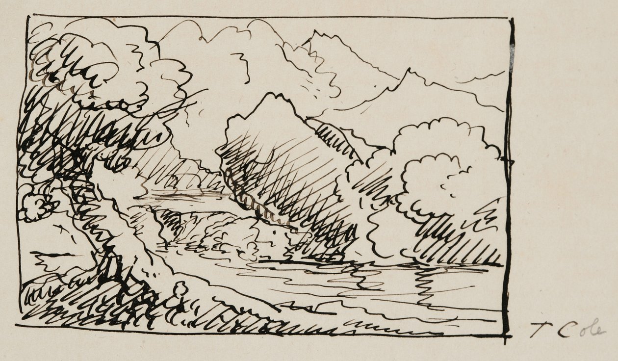 Landscape Sketch, 1841 (pero a černý inkoust na krémově tkaném papíře) od Thomas Cole