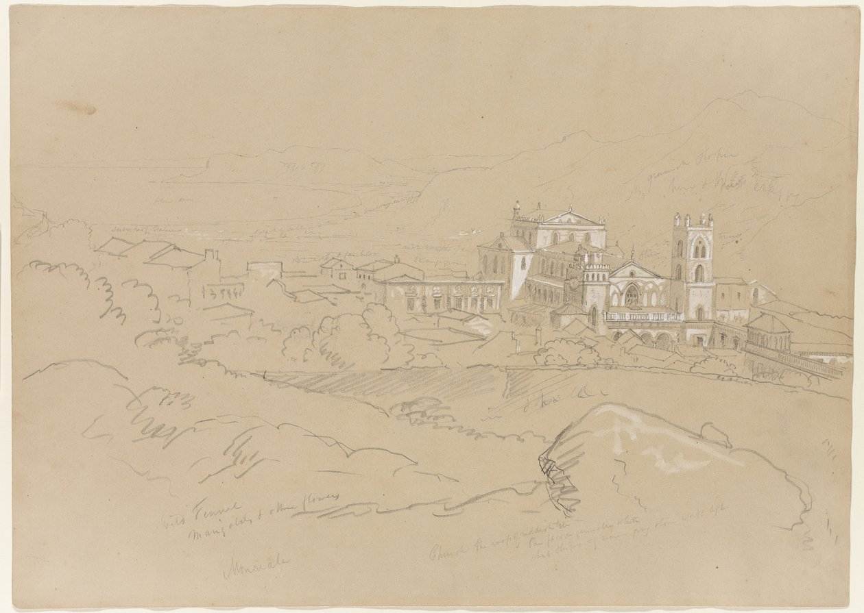 Monreale, Sicílie, 1842 (tužka zvýrazněná bílou křídou na papíře) od Thomas Cole
