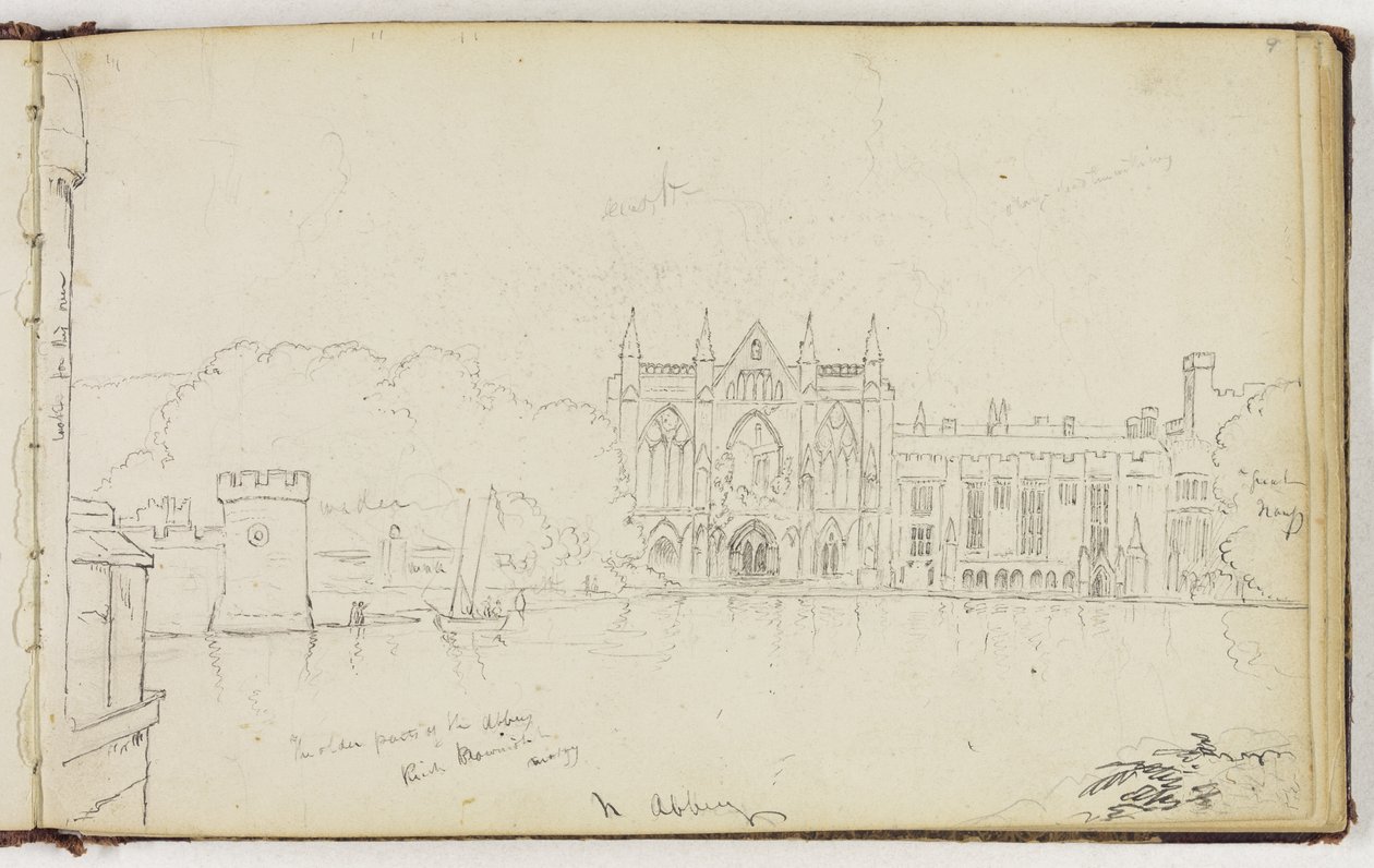 Newstead Abbey, Nottinghamshire, Anglie, kolem roku 1830 (pero a černý inkoust přes grafitovou tužku na špinavě bílý tkaný papír) od Thomas Cole