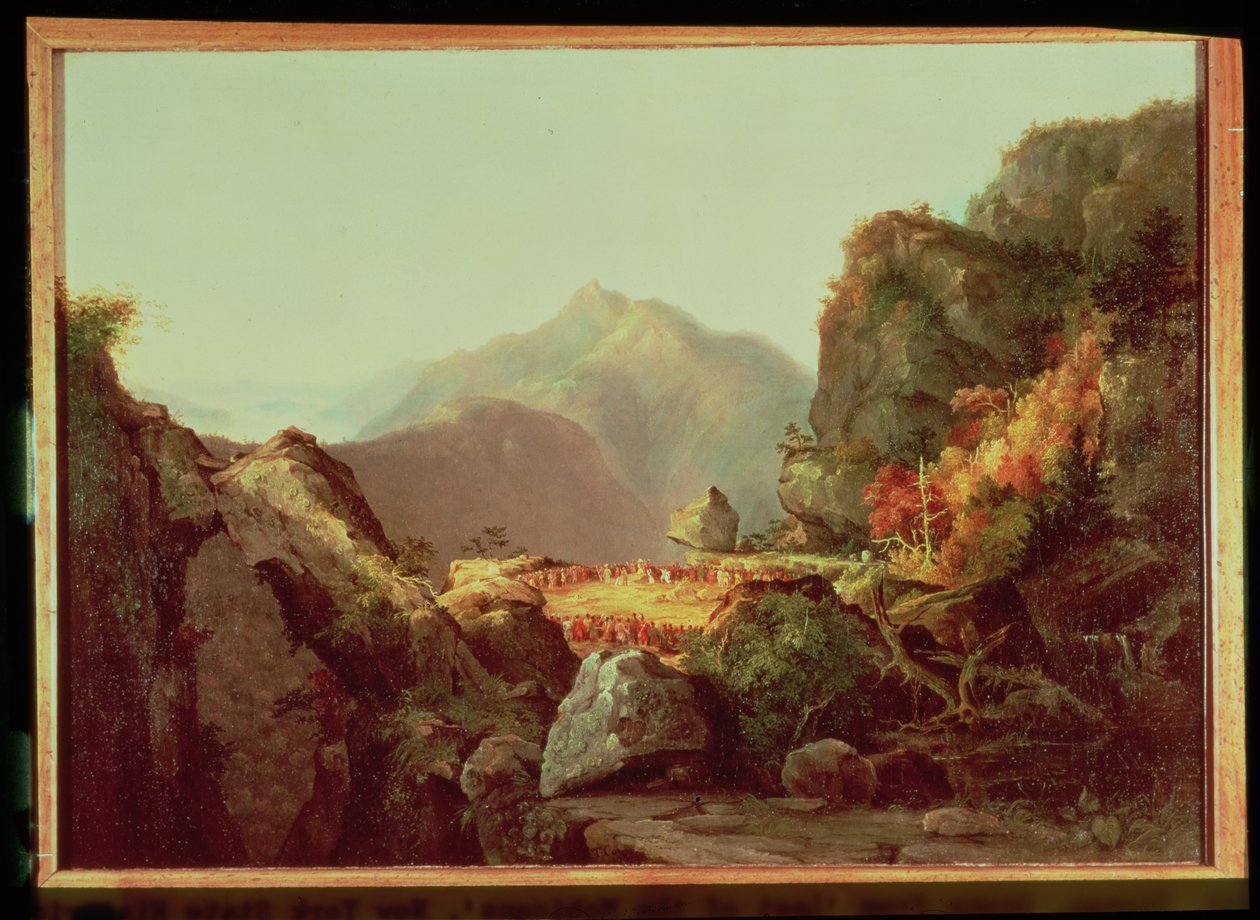 Scéna z „Posledního Mohykána“ od Jamese Fenimora Coopera (1789-1851), vydáno 1826 od Thomas Cole