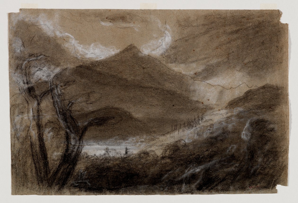 Schroon Mountain, Adirondacks, cca 1837 (černobílá křída na šedém tkaném papíře) od Thomas Cole