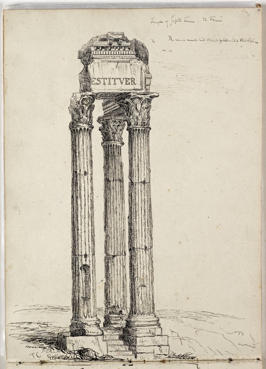 Vespasiánův chrám, zvaný chrám Jupitera Tonanse, Řím, Forum, asi 1831 (tužka a tuš na papíře) od Thomas Cole