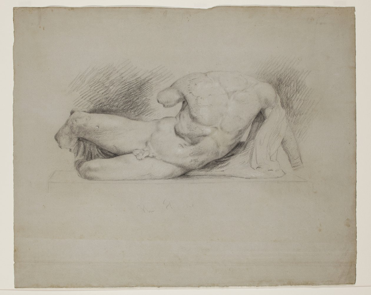 Ilissus, ze západního štítu Parthenon, 1829 nebo 1830 (černá křída zvýrazněná bílou křídou na šedomodrém tkaném papíře) od Thomas Cole