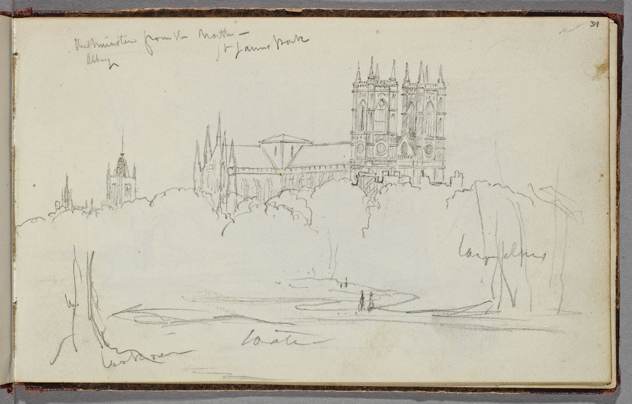 Westminsterské opatství ze severu, St. James Park, kolem roku 1830 (grafitová tužka na špinavě bílém tkaném papíře) od Thomas Cole