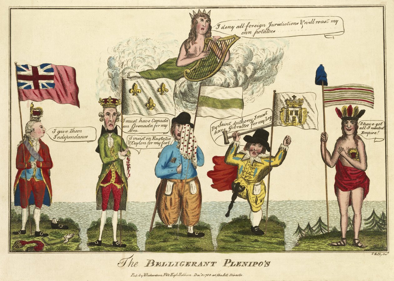 The Belligerent Plenipos, hospoda. 1782 (ručně kolorovaná rytina) od Thomas Colley