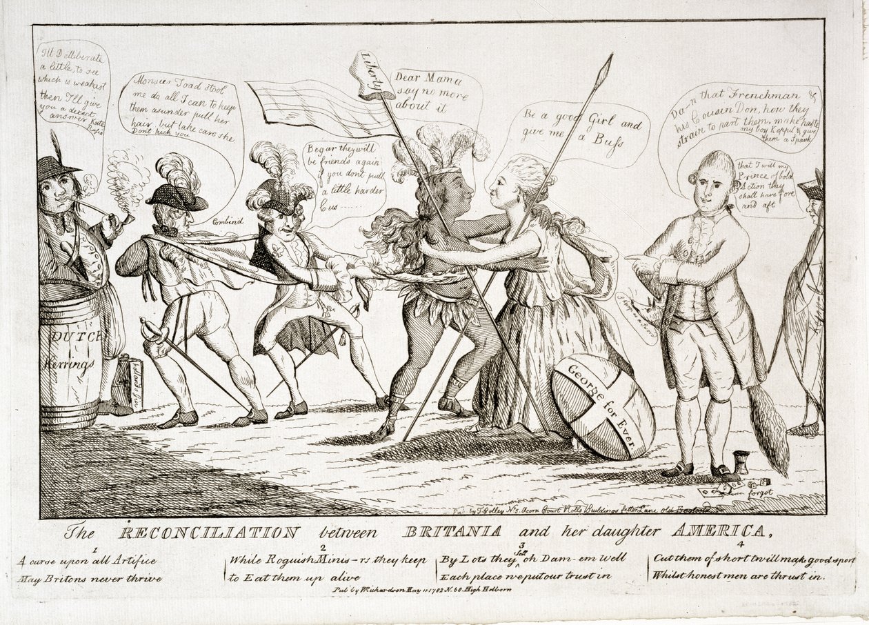 The Reconciliation Between Britannia and her Daughter America (Smíření mezi Británií a její dcerou Amerikou), nakladatelství W. Richardson, 11. května 1782. od Thomas Colley