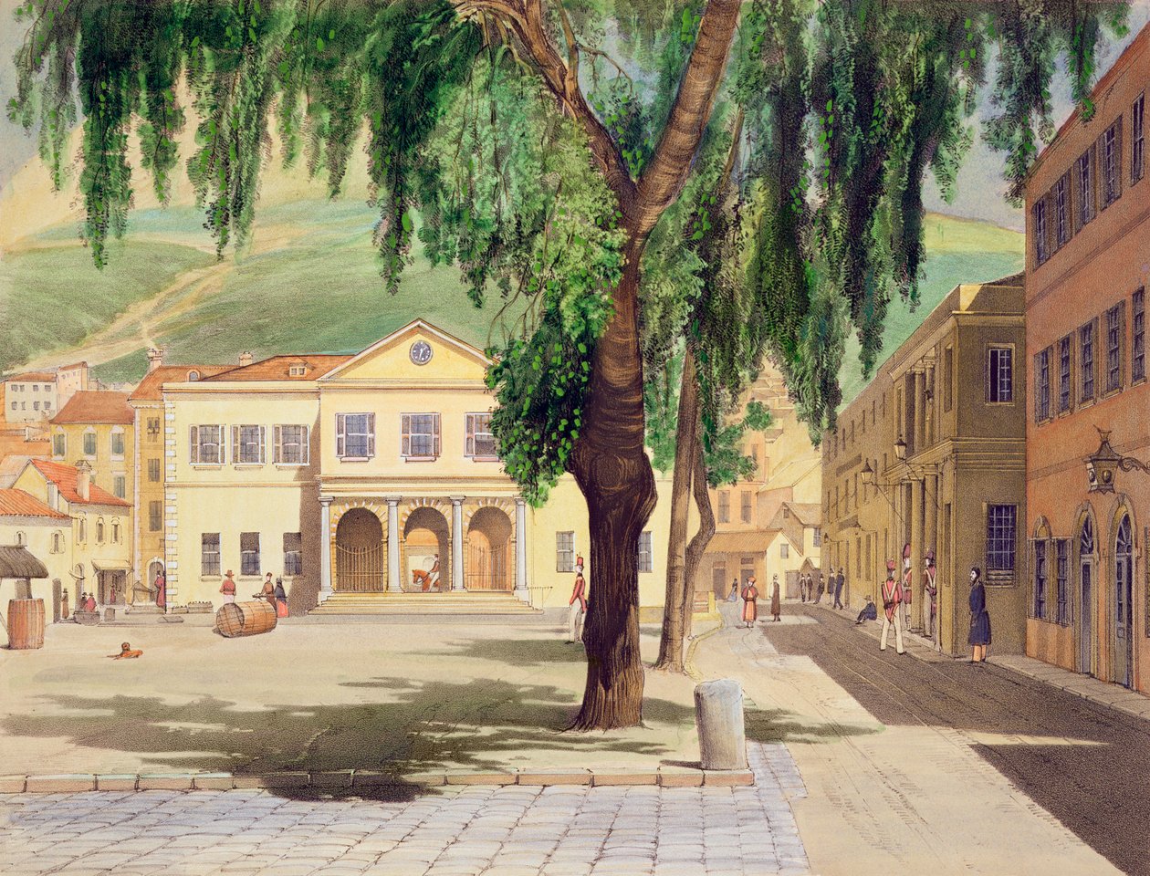Commercial Square, Commercial Library and Main Guard, City of Gibraltar, ilustrované v „Select Views of the Rock and Fortress of Gibraltar“ od J. M. Cartera, 1845 (viz také 22966 od Thomas Colman Dibdin