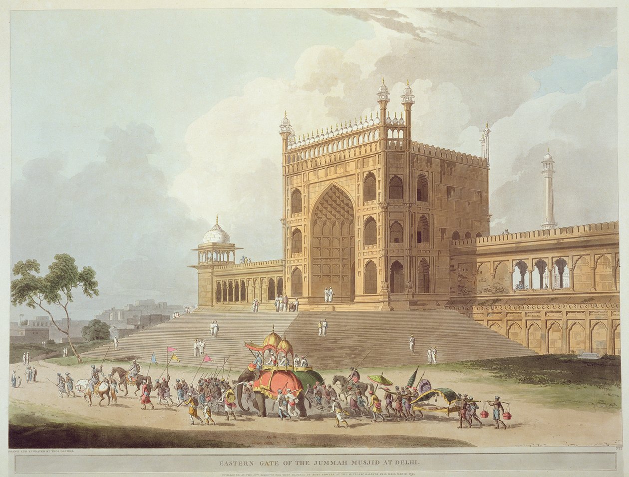 Východní brána Jummah Musjid v Dillí, z „Orientální scenérie: Dvacet čtyři pohledů v Hindoostánu“, 1795 od Thomas Daniell