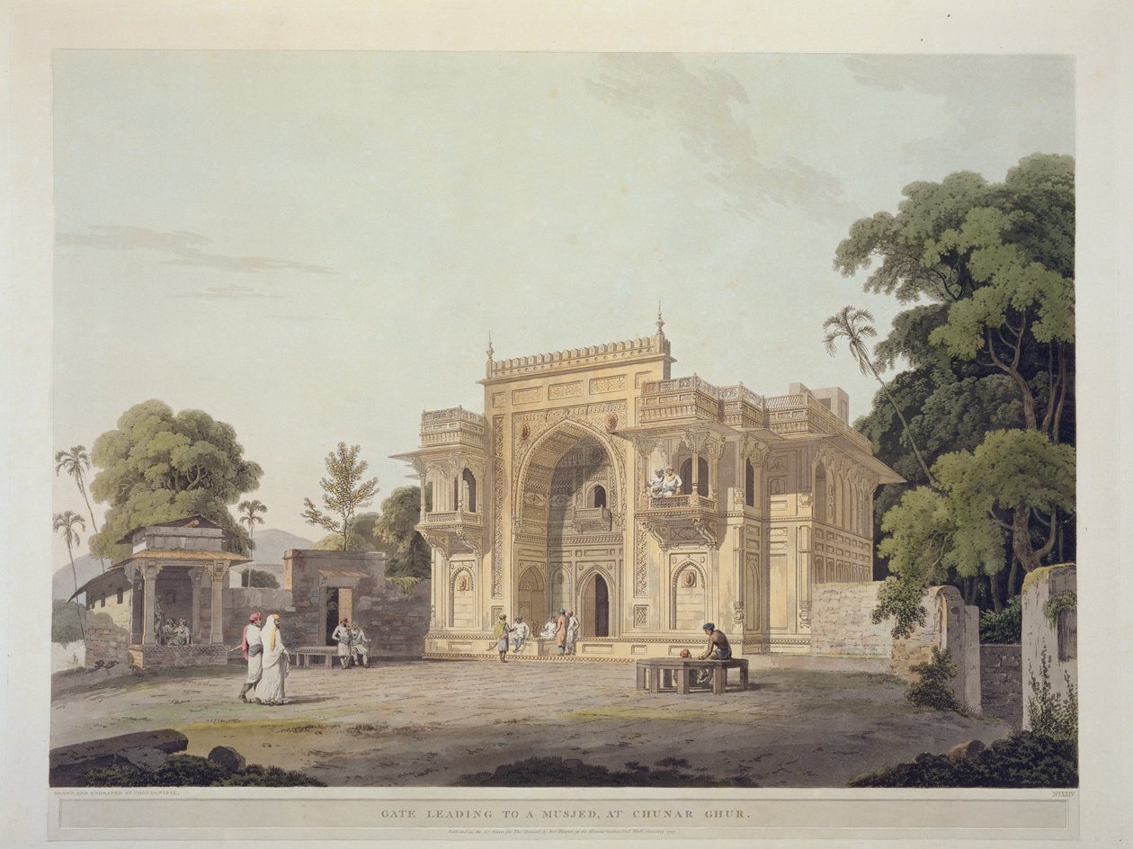 Brána vedoucí k Musjedovi v Chunar Ghur, deska 25 z „Oriental Scenery: Twenty Four Views in Hindoostan“, vydané v roce 1797 od Thomas Daniell