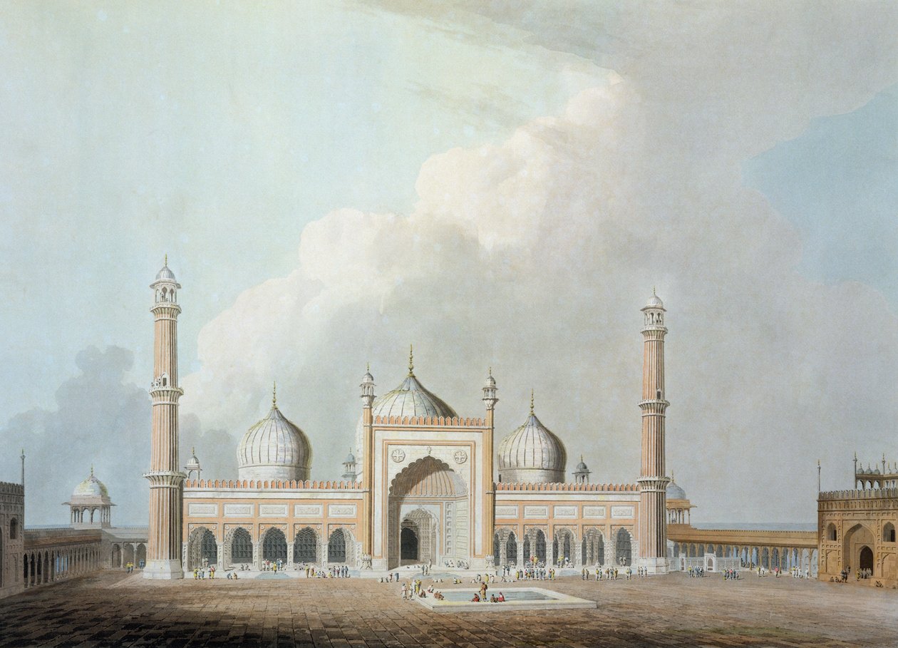 Jummah Musjed, Dillí, deska XXIII z „Oriental Scenery“, publikovaná v roce 1797 (barevná akvatinta) od Thomas Daniell