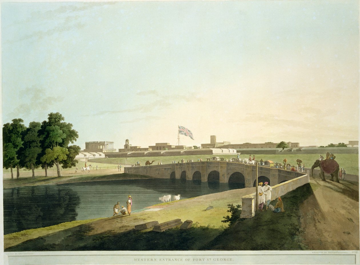 Západní vchod do Fort St. George, Madras, deska 38 z „Oriental Scenery: Twenty Four Views in Hindoostan“, vyryté Thomasem a Williamem (1769-1837) Daniell, vydáno 1798 od Thomas Daniell