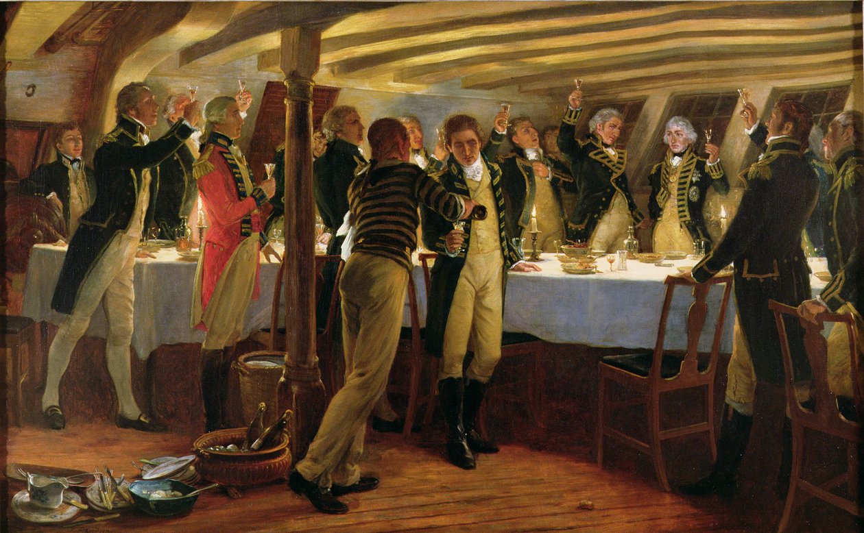 Admirál Nelson připíjí na vítězství se svými kolegy v noci před bitvou u Kodaně, 1. dubna 1801, 1898. od Thomas Davidson