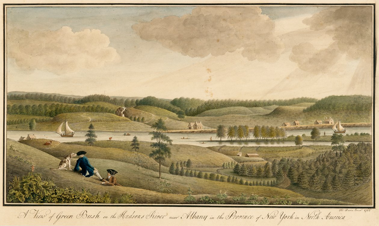Pohled na Greenbush na řece Hudson poblíž Albany, v provincii New York, 1766 (wc a černý inkoust přes grafit na papíře) od Thomas Davies