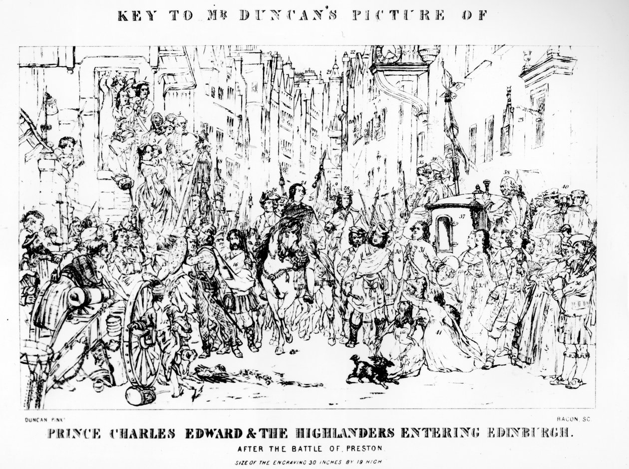 Klíč k obrázku pana Duncana o princi Charlesi Edwardovi (1720-88) a Highlanders vstupujících do Edinburghu po bitvě u Prestonu, 21. září 1745, vyrytý Baconem (viz 10 od Thomas Duncan