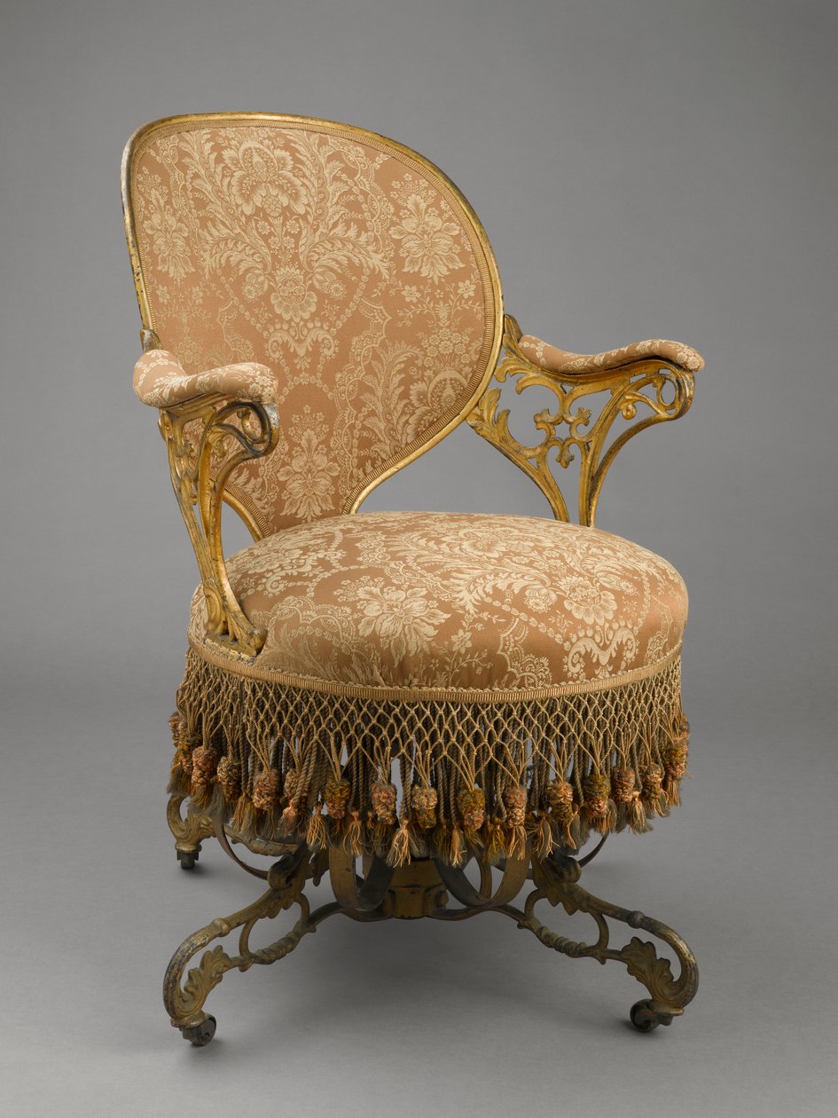 Centripetal Spring Chair, cca 1849-58 (litina, dřevo, moderní čalounění, moderní čalounění, původní třásně) od Thomas E. Warren