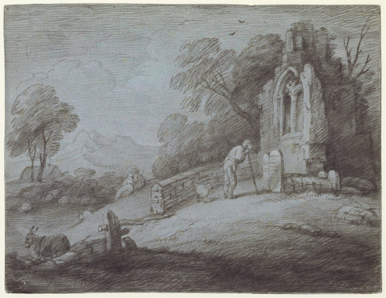 Hřbitov s postavou uvažující o náhrobku (lept na papíře) od Thomas Gainsborough