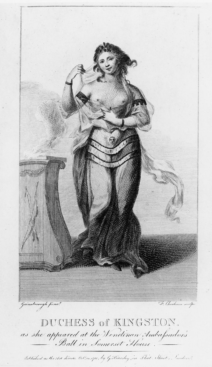 Elizabeth Chudleigh (1720-88) vévodkyně z Kingstonu, jak se objevila na benátském velvyslaneckém plese v Somerset House, rytina Francis Chesham (1749-1806) (rytina) (černobílá fotografie) od Thomas Gainsborough
