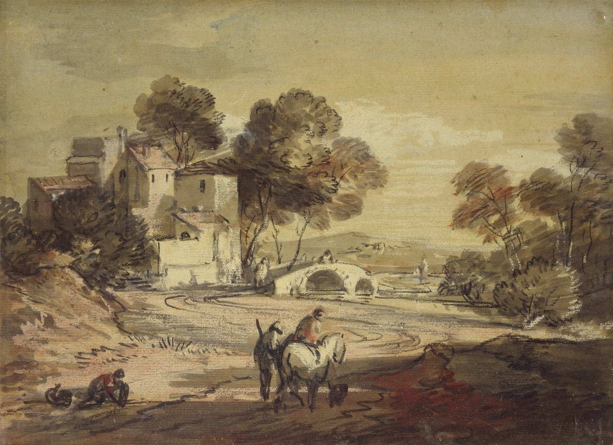 Italská krajina s pocestnými na klikaté cestě, 1775 - 1779 (černá křída s akvarelem a tělovou barvou, lakováno) od Thomas Gainsborough