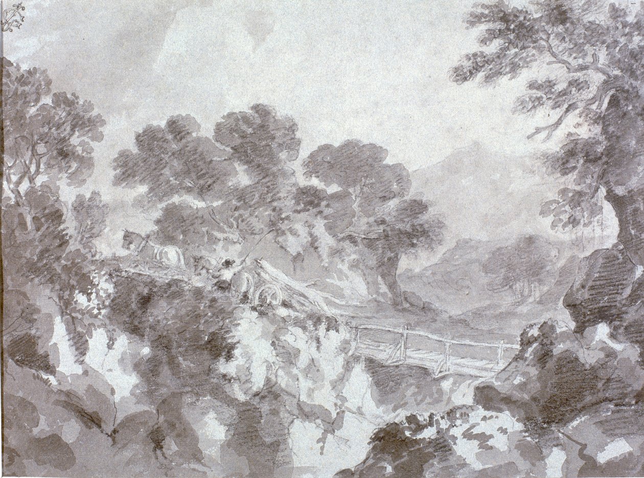 Krajina s mostem (wc, tužka a křída na papíře) od Thomas Gainsborough