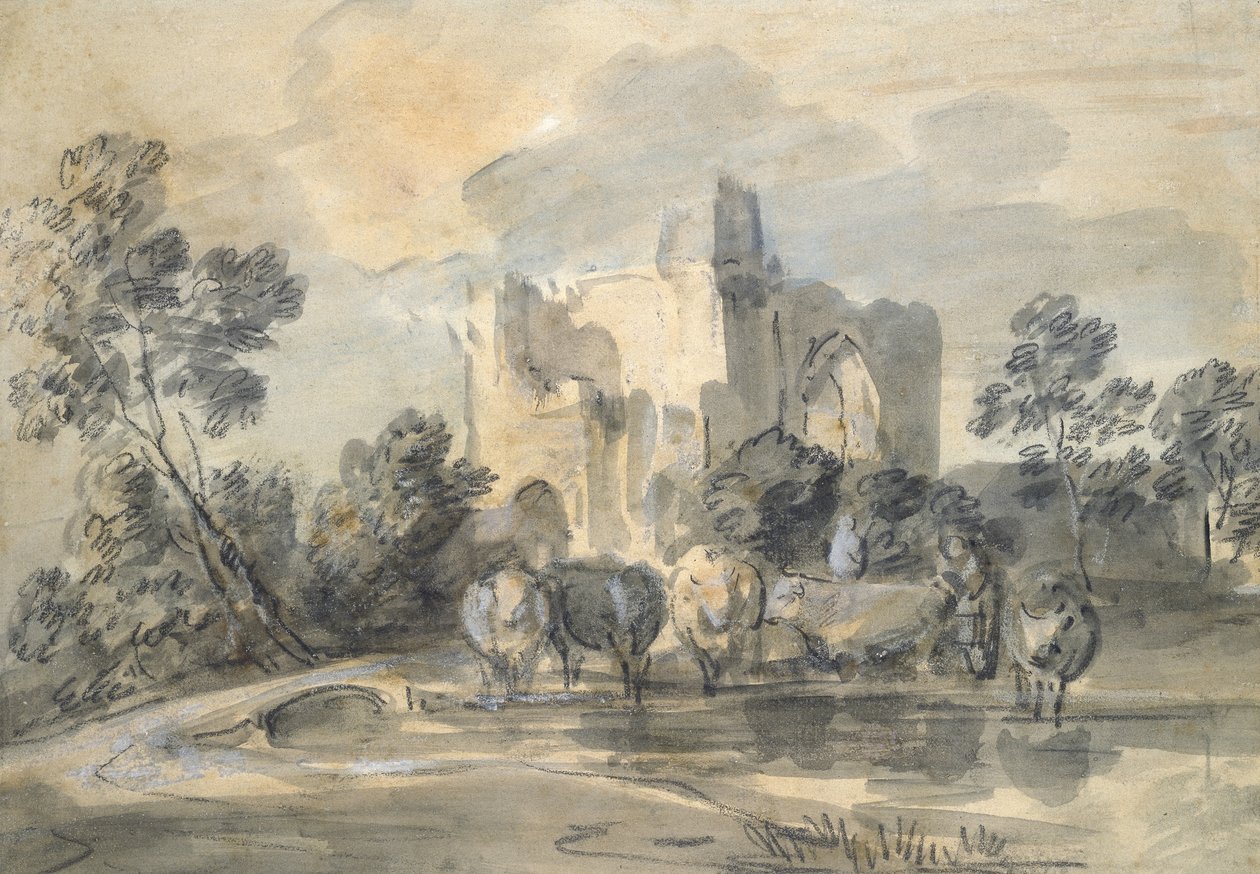 Krajina se zříceninou hradu a dobytkem u bazénu (černá křída a akvarel, zvýrazněný bílou barvou, na světlém papíře) od Thomas Gainsborough