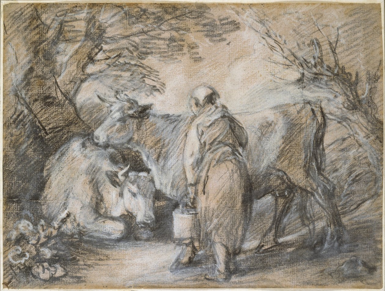 Dojička se dvěma krávami (černá křída a pahýl zvýrazněný bílou, na hrubém papíře připraveném růžovou barvou) od Thomas Gainsborough