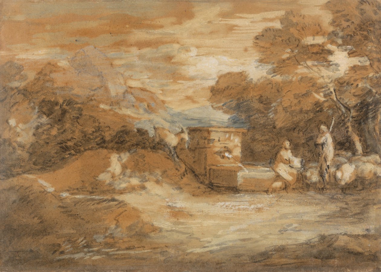 Horská krajina s postavami, ovcemi a fontánou od Thomas Gainsborough