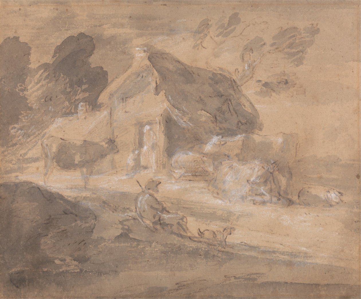Otevřená krajina s postavami, kravami a chalupou od Thomas Gainsborough