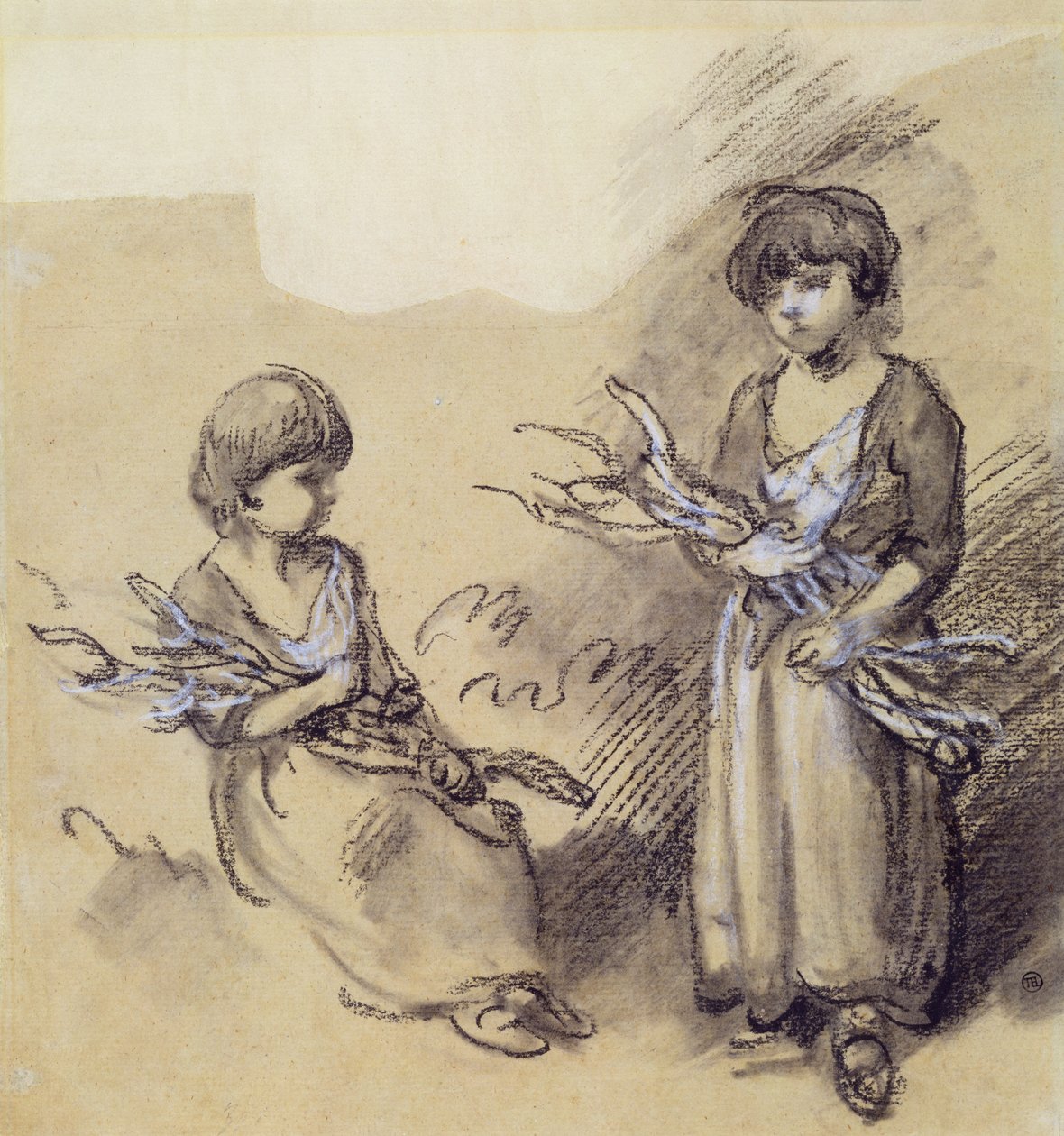 Studie dívek nesoucích buřty (křída zvýrazněná bílou na papíře) od Thomas Gainsborough