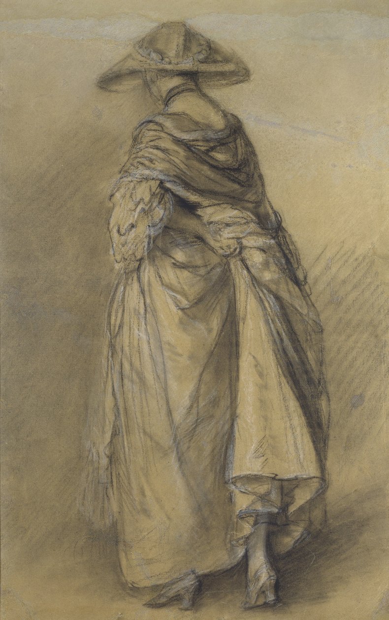 Studie ženy při pohledu zezadu (černá křída a pahýl, zvýrazněné bílou na šedohnědém papíře) od Thomas Gainsborough