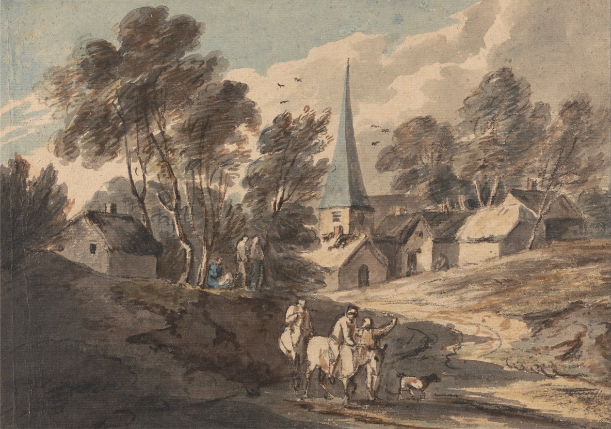 Cestovatelé na koních se blíží k vesnici s věží od Thomas Gainsborough
