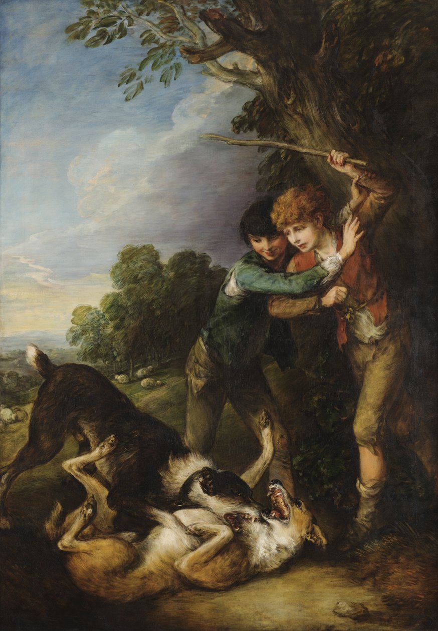 Dva pastevečtí chlapci se psy bojují od Thomas Gainsborough