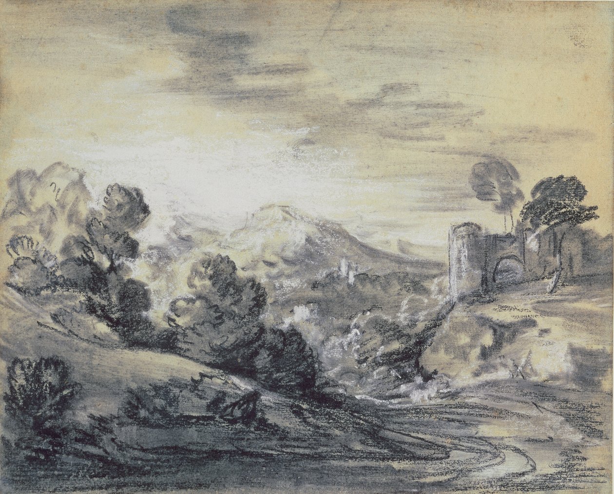 Zalesněná krajina s hradem, asi 1785-88 (černá a bílá křída na křídovém papíře) od Thomas Gainsborough