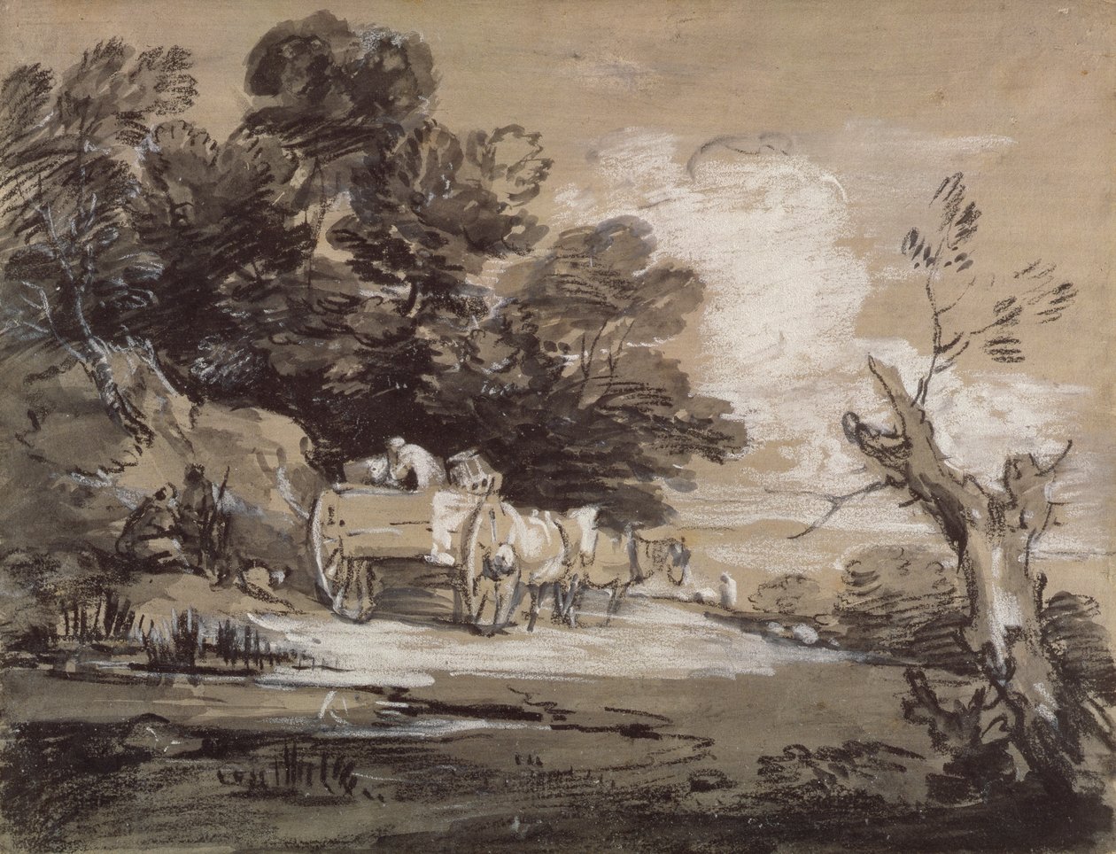 Zalesněná krajina s venkovským vozíkem a figurkami, kolem 1785-88 (černá a bílá křída s mytím na papíře) od Thomas Gainsborough